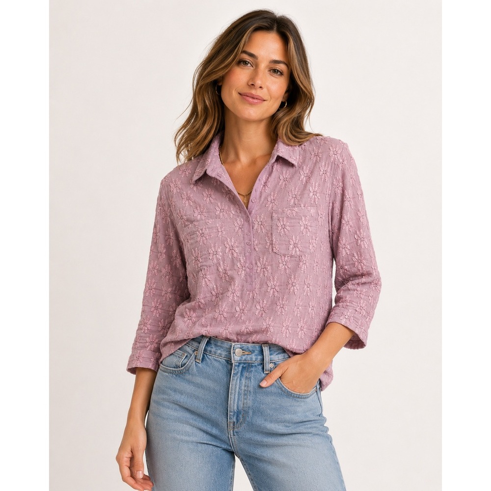 INC International Concepts Pink Lavender Floral Textured Henley Top 3/4 Sleeve L